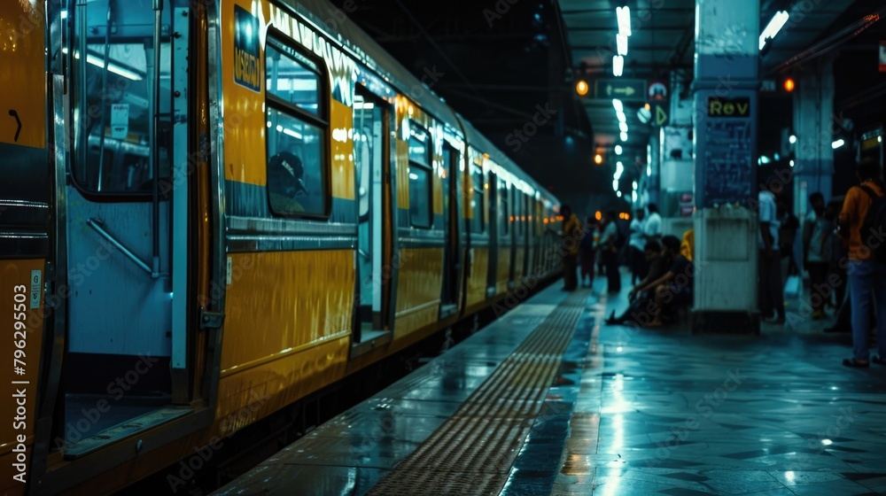 Fototapeta premium A yellow train parked at a station, ideal for transportation concepts