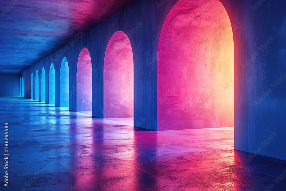  3d render of colorful glowing arches in the middle of an empty dark room with water on floor. Created with Ai