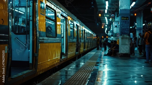 A yellow train parked at a station  ideal for transportation concepts