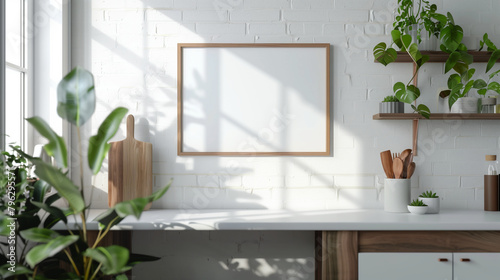 Empty frame mockup with copy space on bright kitchen interior with natural light and modern decor. Generative AI