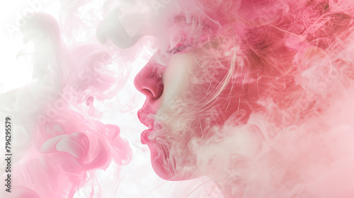 Ethereal portrait of a woman with pink smoke. Minimal modern wallpaper. Generative AI