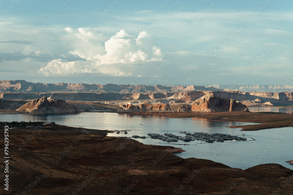 Beautful sunset with dramatic clouds at Lake Powell from the Wahweap vista point, Arizona