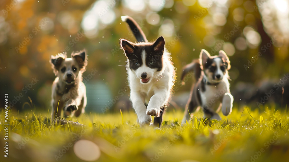 Playful puppies racing through sunlit autumn grass. Generative AI Playful puppies racing through sunlit autumn grass. Generative AI