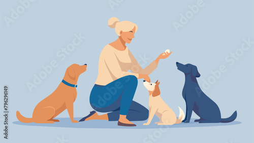 A woman sits on the floor surrounded by her dogs as she shows them how to play with a new toy. She speaks in a soothing voice and patiently