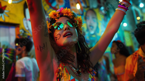 Joyful woman at a vibrant festival with face paint and flower crown. Generative AI