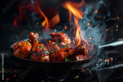 Generative AI Image of Korean Fried Chicken with Hot Fire Flame in Wok Pan