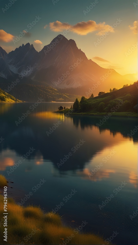 sunset over the lake, ai generated