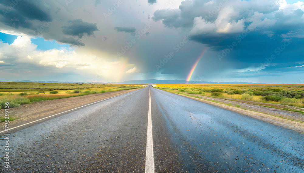asphalt road goes beyond the horizon on one side of the sky a thunderstorm and a rainbow crosses the road asphalt road goes beyond the horizon on one side of the sky a thunderstorm and a rainbow crosses the road