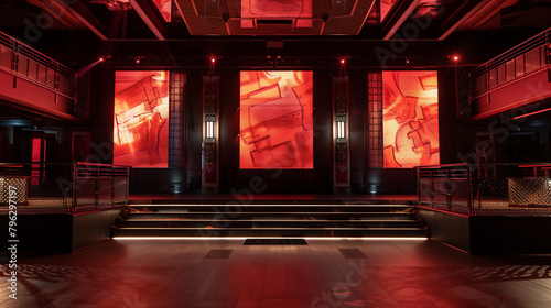 Empty nightclub interior with red lighting and large LED screens. Copy space. Generative AI