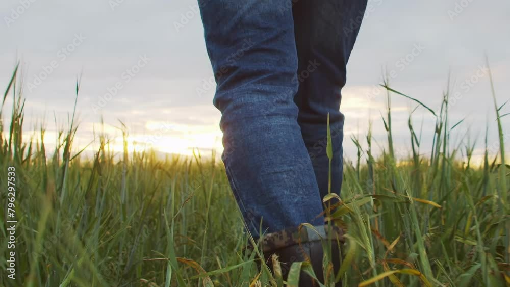 Farmer in front of a sunset agricultural landscape. Man in a countryside field. Country life, food production, farming and country lifestyle concept.