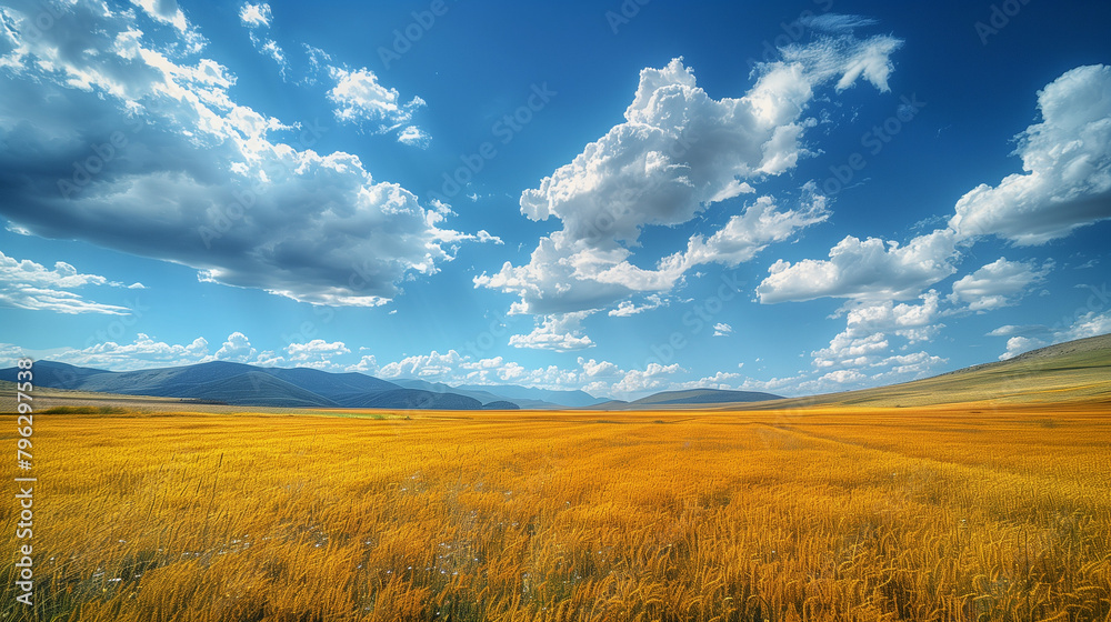 A large field of yellow grass with a blue sky in the background