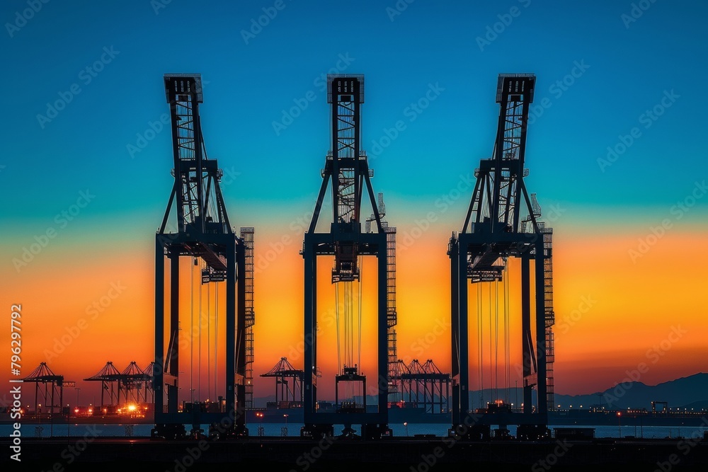 Spectacular sunset behind industrial port cranes against a vivid colorful sky Spectacular sunset behind industrial port cranes against a vivid colorful sky