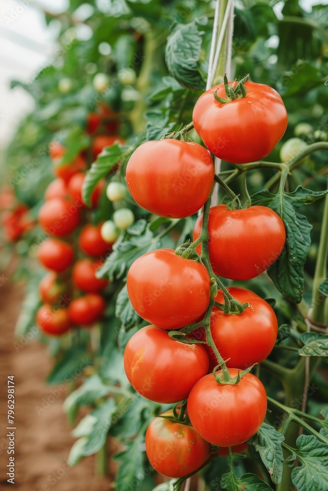 Thriving organic ripe tomato branch in a greenhouse setting, flourishing in ideal conditions