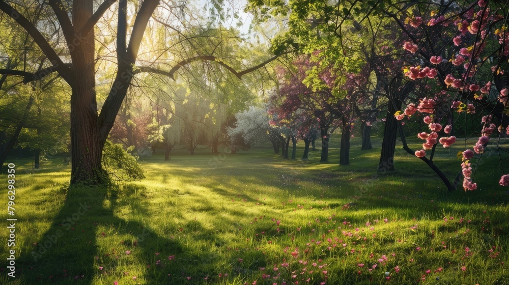 Sunny day in a lush green park with blooming trees