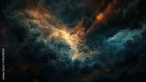 Dramatic view thunderstorm lightning over dark cloudy sky scene background. AI generated image