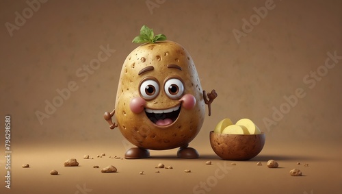 Happy potatoes on a beige-brown background. 3d illustration