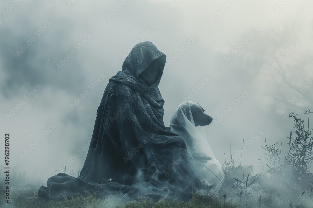 A hooded figure and a white dog share a quiet moment together shrouded in misty countryside fog A hooded figure and a white dog share a quiet moment together shrouded in misty countryside fog