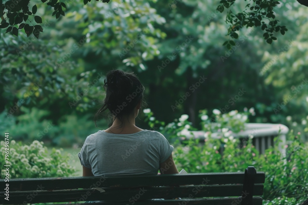Fototapeta premium A young woman enjoys a moment of solitude sitting alone on a park bench surrounded by greenery