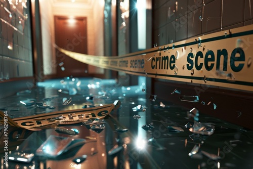 Detailed crime scene concept with yellow tape and shattered glass in a dimly-lit corridor photo