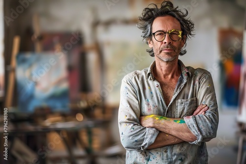 Confident painter in his art studio with splattered paint clothes looks directly at the camera