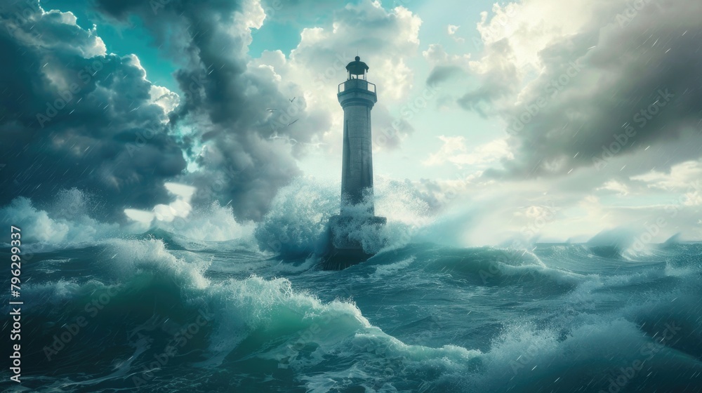 A lighthouse standing strong in a stormy ocean. Suitable for maritime concepts