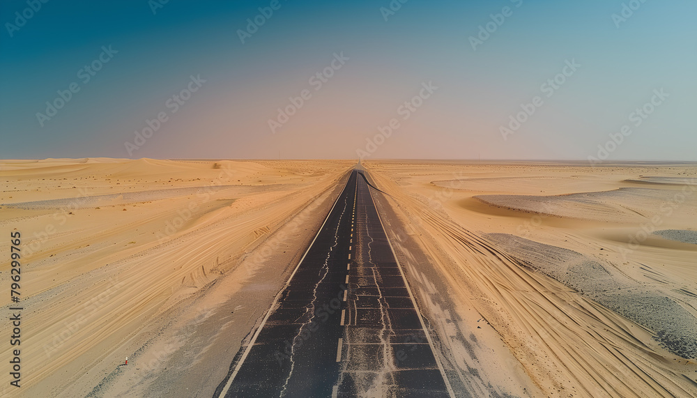 asphalted flat road through the sandy desert goes beyond the horizon