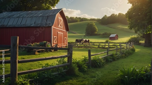 Background of a cartoon farm picture including a barn and lush greenery #796299750
