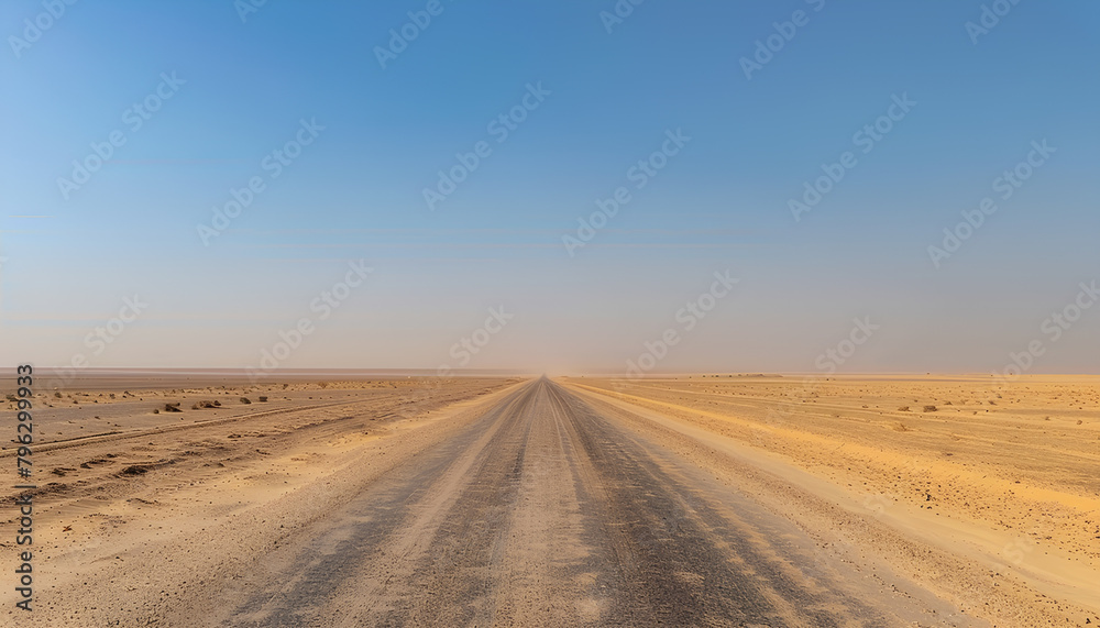 asphalted flat road through the sandy desert goes beyond the horizon