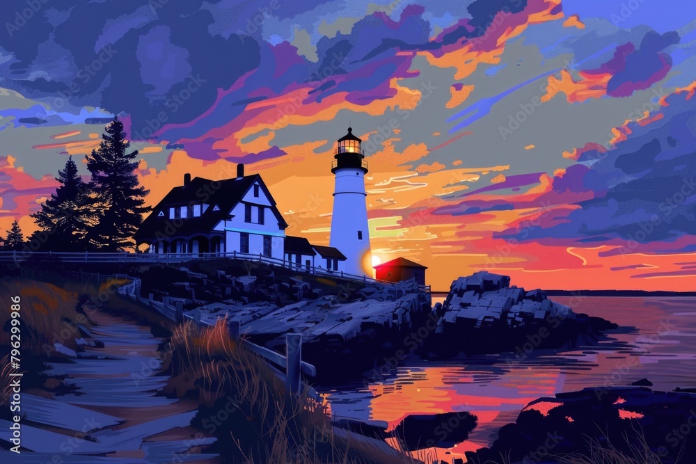 Beautiful painting of a lighthouse against a colorful sunset. Ideal for home decor or travel brochures