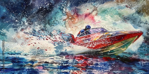 Watercolor painting of a speedboat racer. Use for wallpaper, posters, postcards, brochures.