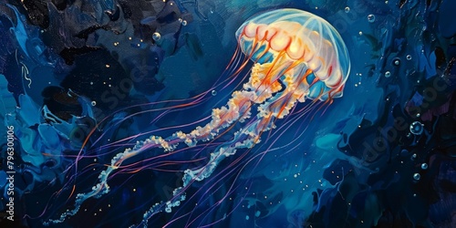 Jellyfish are animals with a transparent body. The body is composed mostly of gelatin. Can see into the
 internal organs. Watercolor painting. Use for wallpaper, posters, postcards, brochures. photo