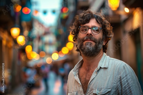 Casual bearded man with glasses standing on a decorated street with bokeh lights