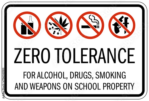 No gun allowed sign zero tolerance for alcohol, drugs, smoking and weapons on school property photo