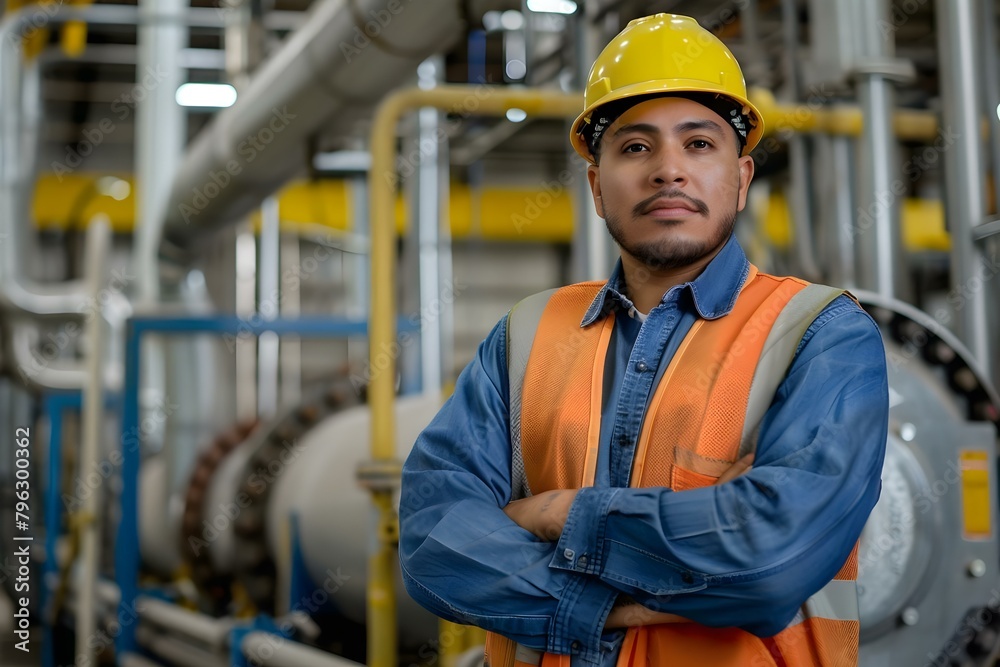 Hispanic male factory worker confidently posing in industrial setting in candid shot. Concept Factory Worker, Hispanic Male, Industrial Setting, Confident Pose, Candid Shot