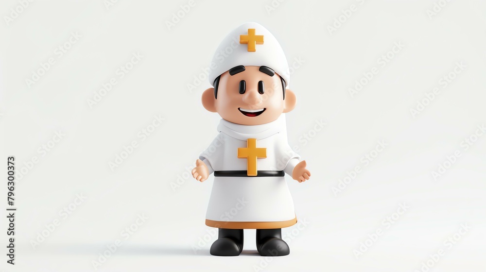 3D rendering of a happy cartoon priest. He is wearing a white robe with ...