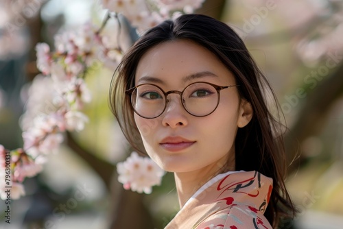 Young Asian woman with glasses in front of cherry blossom flowers