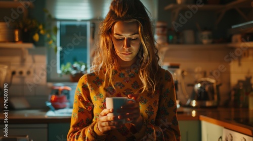 Portrait a happy woman holding mug while using smartphone in kitchen room. AI generated image