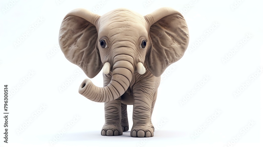 This is a 3D rendering of a cute baby elephant. It is standing on a white background and looking at the camera.