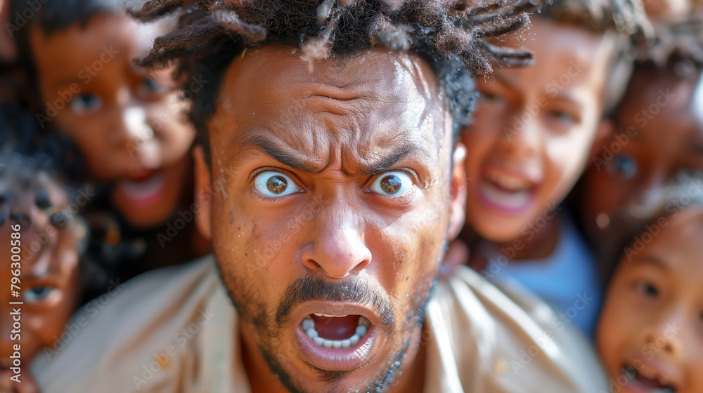 A man with a beard and dreadlocks is standing in front of a group of children. The children are looking at him and seem to be laughing. a stressed, overwhelmed biracial looking man surrounded by kids A man with a beard and dreadlocks is standing in front of a group of children. The children are looking at him and seem to be laughing. a stressed, overwhelmed biracial looking man surrounded by kids