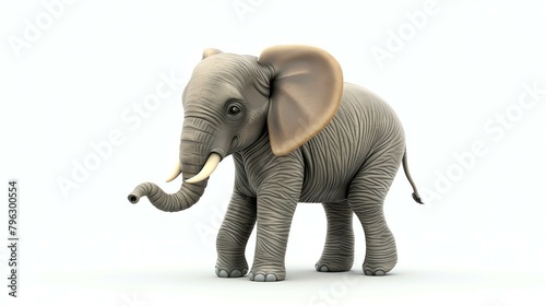 A young elephant stands alone on a white background. The elephant is gray with large ears and a long trunk. It is looking to the left of the frame.