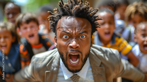 A man with a beard and dreadlocks is standing in front of a group of children. The children are looking at him and seem to be laughing. a stressed, overwhelmed biracial looking man surrounded by kids
