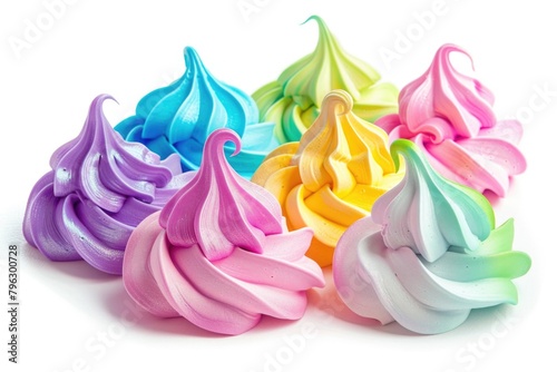 Vibrant meringue cookies on a clean white background. Ideal for food and dessert concepts