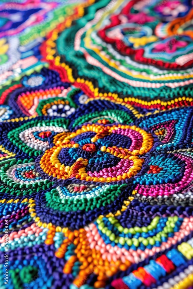 Close-up of a vibrant rug on a table, suitable for home decor Close-up of a vibrant rug on a table, suitable for home decor