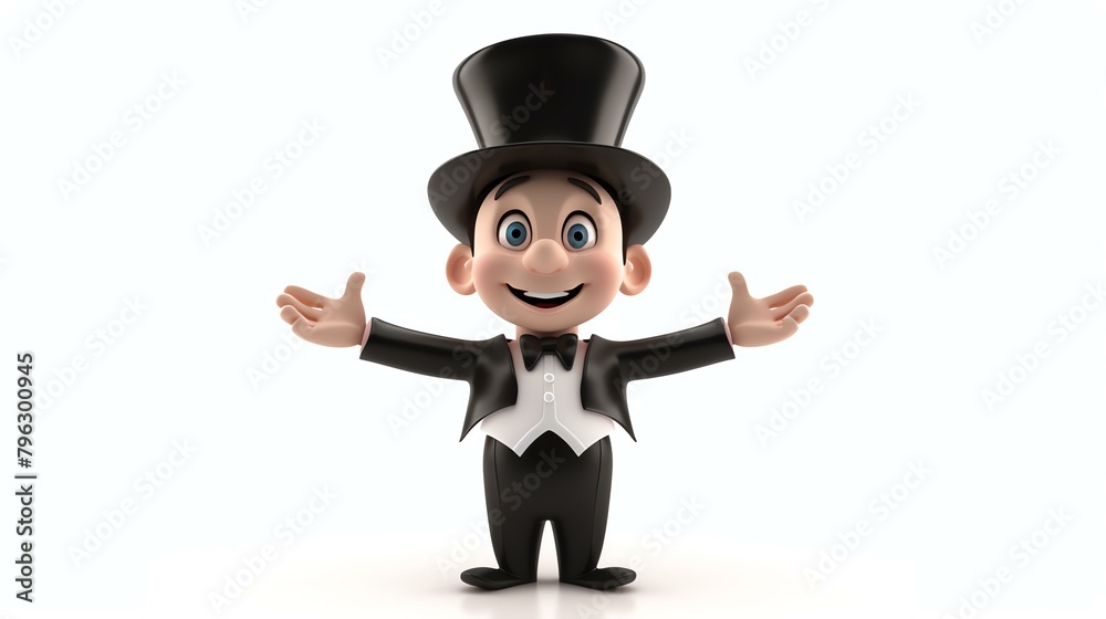 3D rendering of a cute cartoon character in a tuxedo and top hat, with a big smile on his face and his arms outstretched in a welcoming gesture.