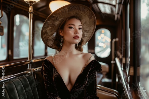 A glamorously adorned woman poses elegantly in a classic tram interior, with a stylish wide-brimmed hat photo