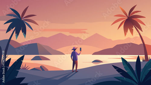 A person stranded on a deserted island surrounded by palm trees but still holding up a phone with a hopeful expression searching for even a hint