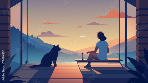A young girl sits quietly on her porch swing her faithful dog resting at her feet. As she gazes out at the sunset her hand gently strokes the