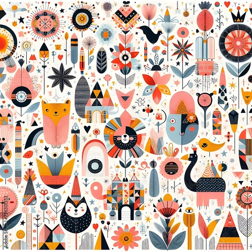 Seamless pattern with cute animals and flowers. Vector illustration.