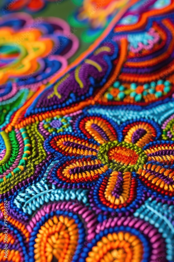 Vibrant close-up shot of a colorful embroidered table cloth, perfect for home decor projects Vibrant close-up shot of a colorful embroidered table cloth, perfect for home decor projects