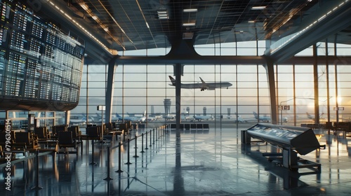 A futuristic airport with AGI systems managing flight schedules and security 
